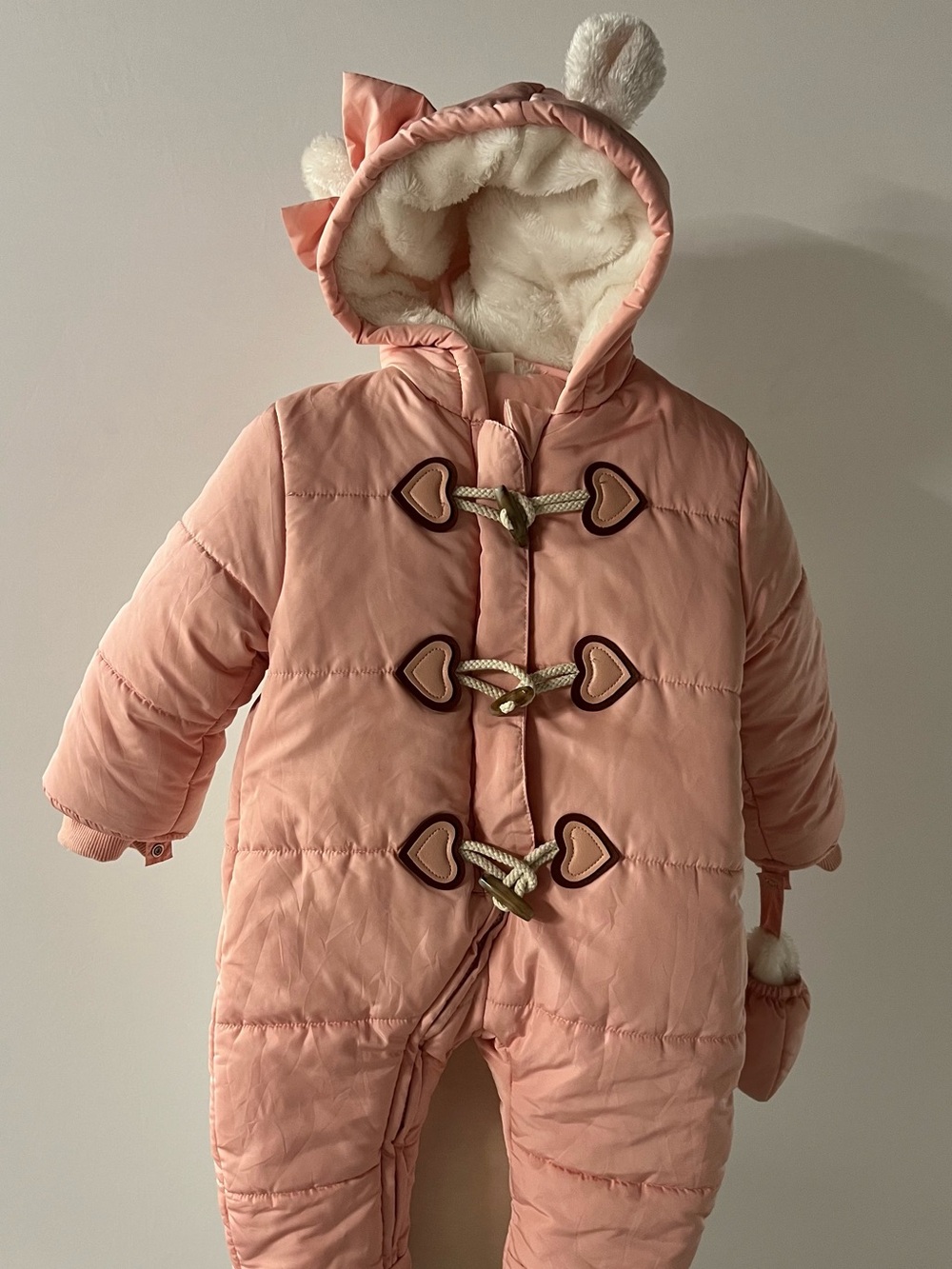 Pink Baby Girl Puffer Snowsuit Hooded Bunny Bow Toggle One Piece 12M